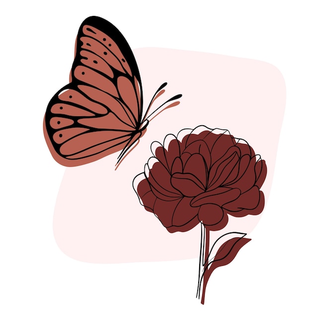 Fiore di fiore con farfalla di mosca Schizzo estivo Contorno di linea disegnato a mano Pianta e monarca