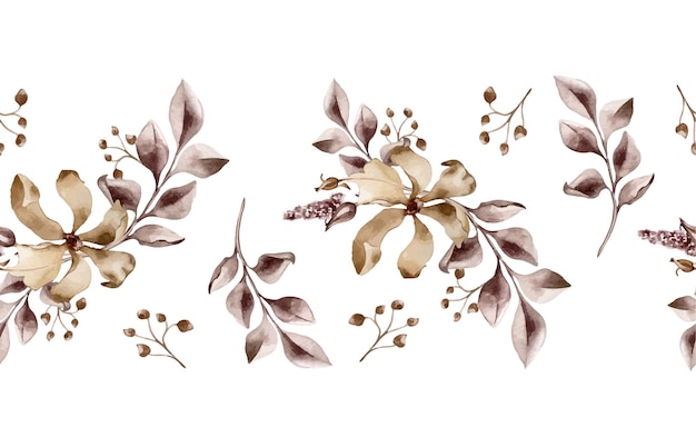 Fiore e ramo monocromatici in acquerello marrone Piante astratte in colore marrone scuro Confine senza cuciture isolato Foglie di sepia monotone disegnate a mano Disegno di confezione tessile