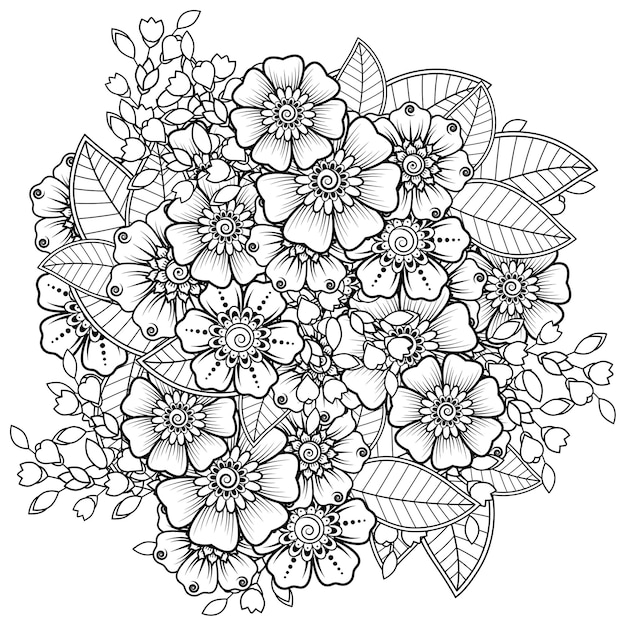 Fiore Mehndi in stile etnico orientale. ornamento di doodle. illustrazione di tiraggio della mano di contorno. pagina del libro da colorare.