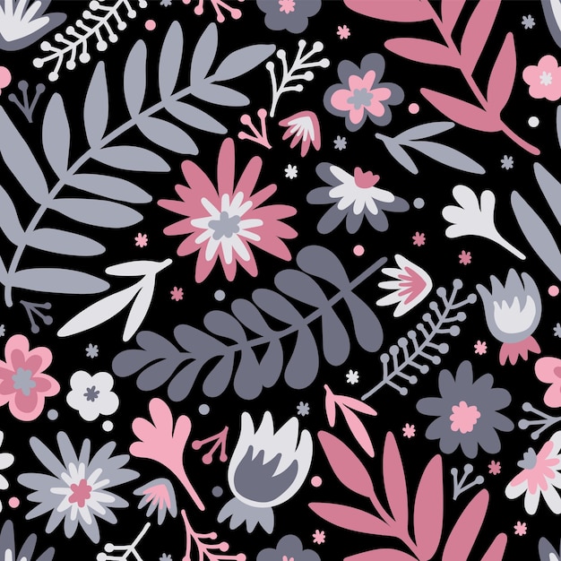 Fiore scandinavo doodle motivo senza cuciture con fiori colorati e foglie Scandi isolato