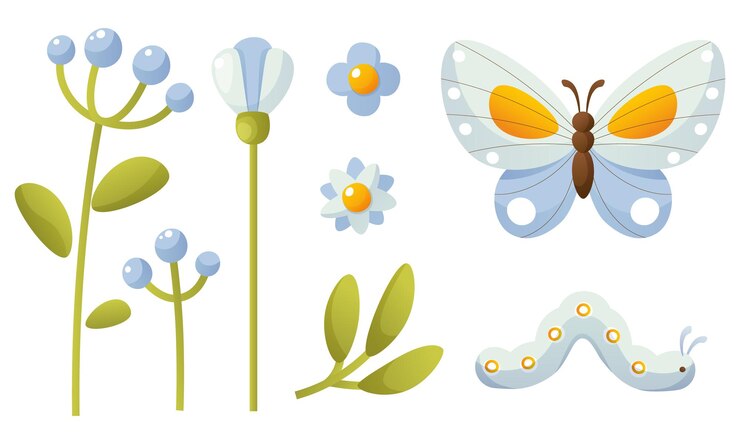 Fiori blu fiori verdi foglie blu farfalle e bruchi fiori estivi e insetti