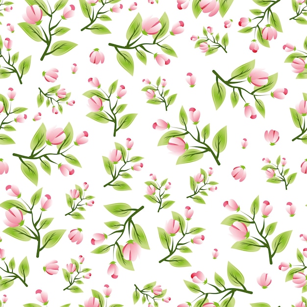 Fiori da giardino rosa chiaro e foglie verdi Seamless Pattern Sfondo estivo carino