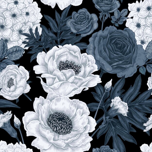 Fiori da giardino Rose Peonie Ortensie Garofani Motivo floreale senza cuciture Bianco nero vintage