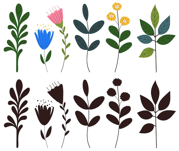 fiori delle piante in stile doodle con silhouette su un vettore di sfondo bianco