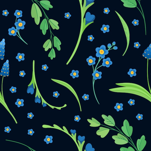 Fiori di campo astratti su sfondo blu scuro. Modello senza cuciture piatto retrò fiori blu fiori. Sfondo decorativo margherita e fiordaliso. Fiori di campo in fiore.