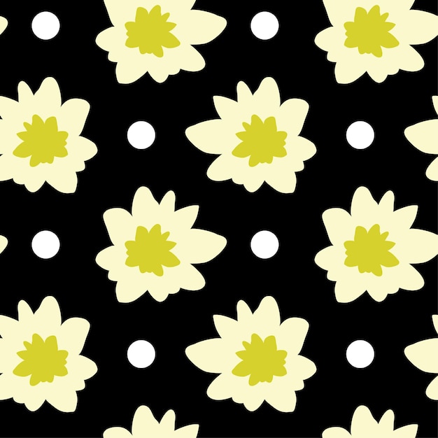 Fiori di ninfea astratti con pois su sfondo nero senza cuciture