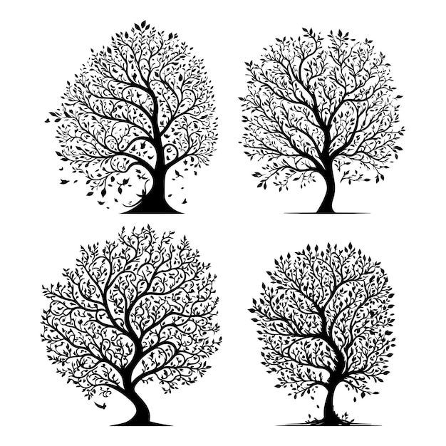 Fiori di primavera Alberi Silhouette Vector Bellissimo fiore Albero contorno nero vettore su bianco