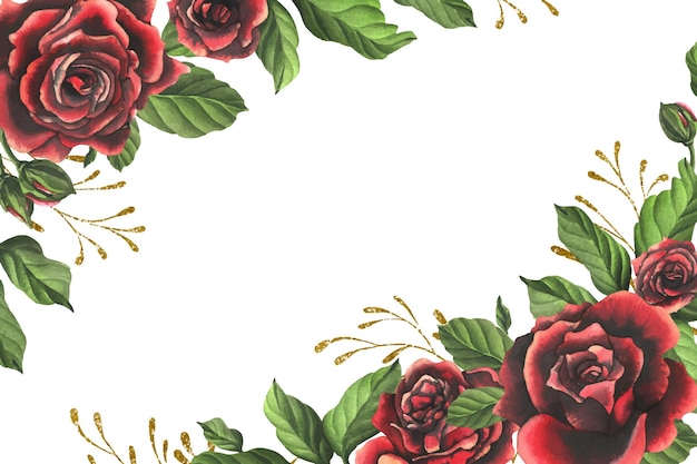 Fiori di rosa rosso nero rosso con foglie e boccioli verdi eleganti luminosi bellissimi acquerelli disegnati a mano