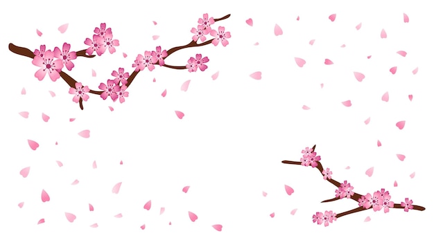 Fiori di sakura primaverili Fiori di albero fiori di ciliegio rosa giapponese Petali di fiori volanti Giappone Autunno floreale Ramo orientale per il matrimonio estivo Quadro botanico Illustrazione di cartoni animati vettoriale