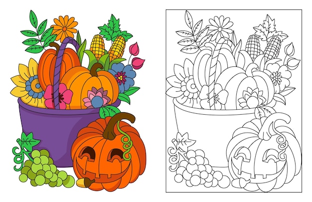 Fiori di zucca dell'uva del mais dei frutti di autunno nelle pagine dell'illustrazione di coloritura del ringraziamento del canestro