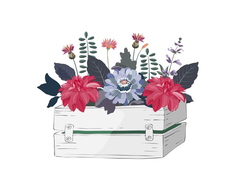Vettore fiori e erbe vettoriali in un giardino in scatola bianca in legno zinnias dahlias e fiori di mais su un bianco