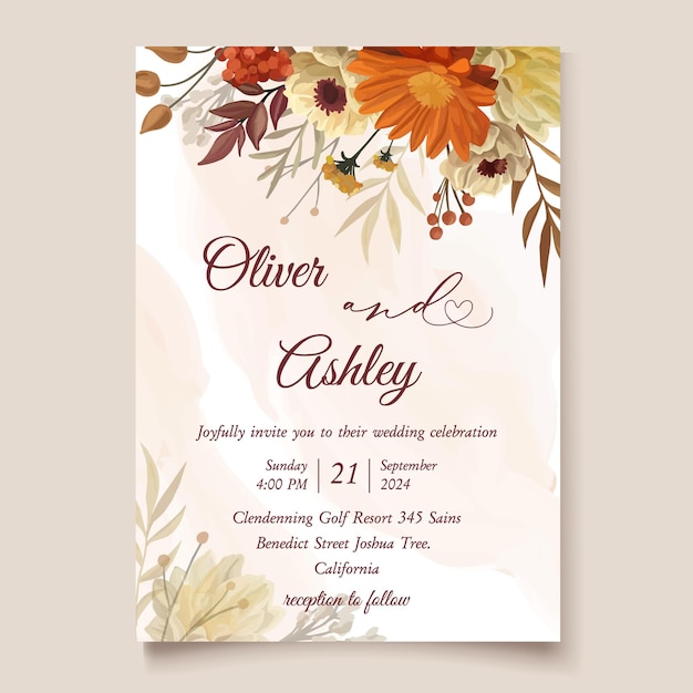 Fiori e foglie colorati d'autunno modello di invito al matrimonio elementi autunnali