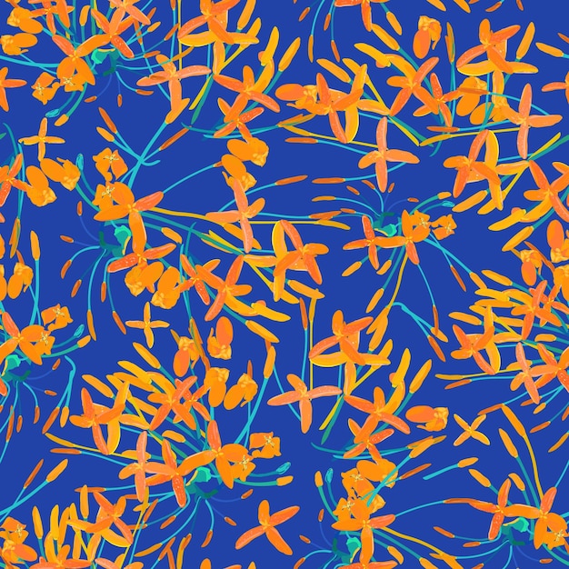 Fiori gialli tropicali senza cuciture colorate piante disegnate a mano isolate sul vettore blu