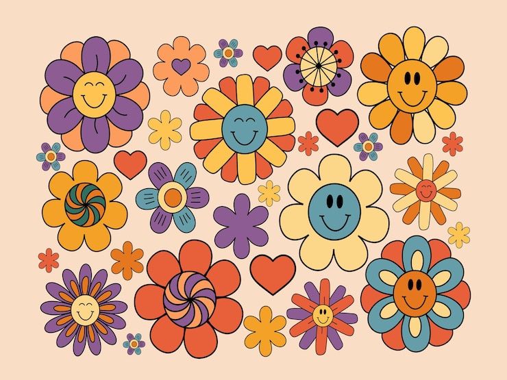 Vettore fiori groovy fiori retro con faccia sorridente hippie illustrazione vettoriale di clipart floreale