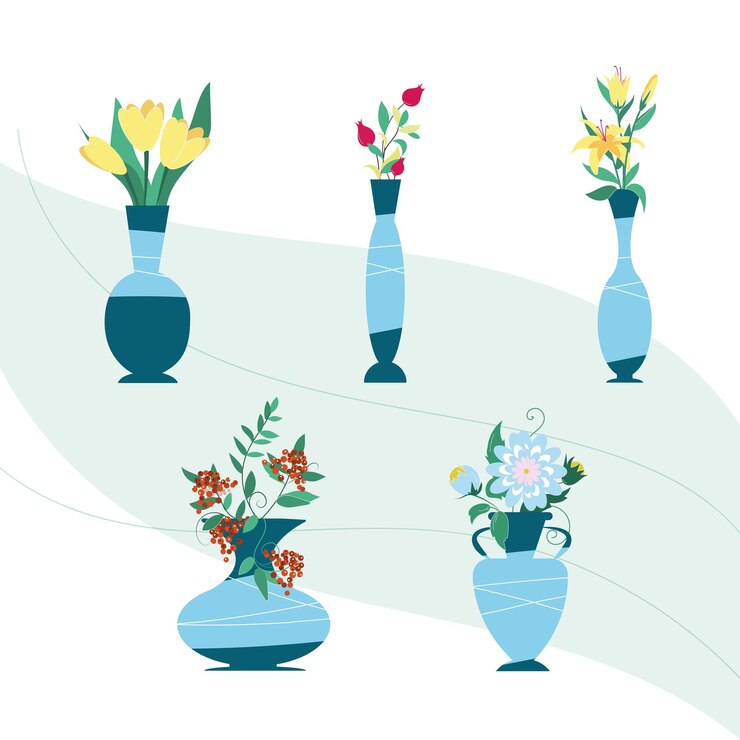 Fiori in vasi, un set. Diversi fiori in vasi di colore blu di diverse forme