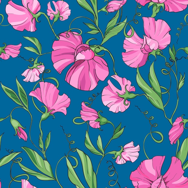 Fiori rosa pisello dolce su sfondo blu motivo floreale senza cuciture