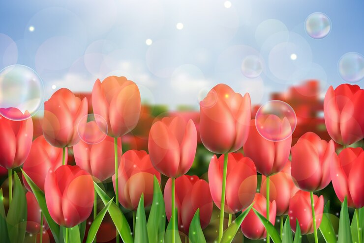 Vettore fiori rossi dei tulipani nel giardino