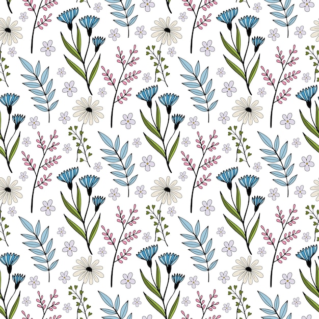 Fiori selvatici primaverili vector florale modello senza cuciture in stile vintage su sfondo bianco
