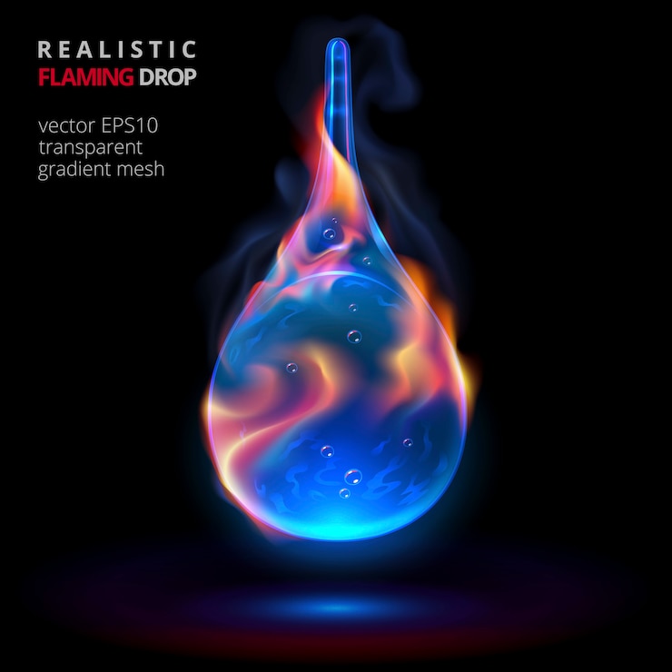 Vettore firing drop su uno sfondo nero. gocciolina realistica 3d di liquido blu con una fiamma e un fumo.