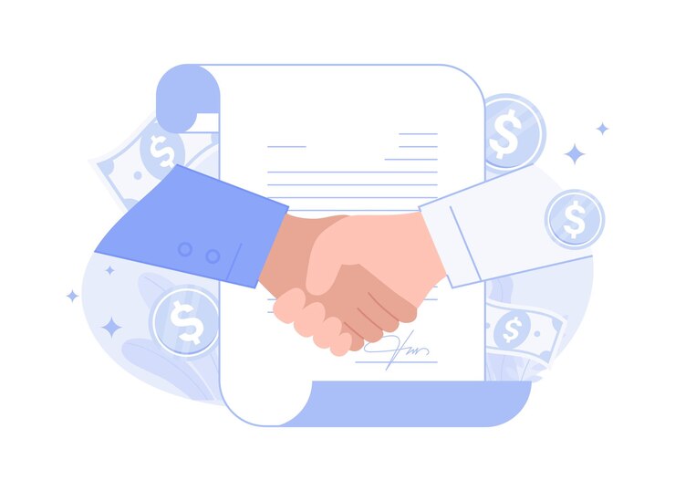 Firma del contratto di stretta di mano cooperazione di partnership di successo Illustrazione vettoriale moderna piatta