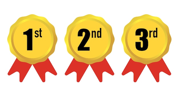 First Second and Third Place Badges with Red Ribbons