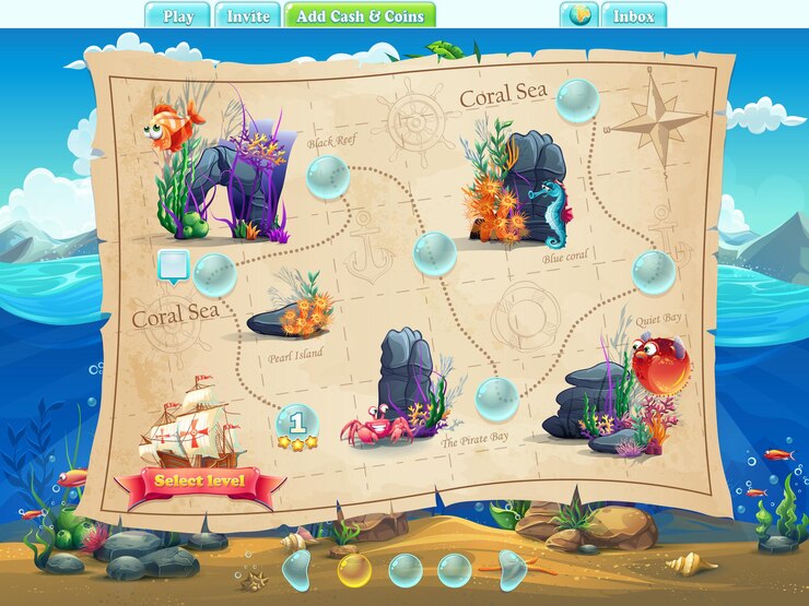 Fish World - livelli dello schermo di esempio, interfaccia di gioco con barra di avanzamento, oggetti, pulsanti