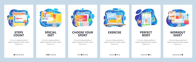Fitness tracker app sport wearable mobile gadget online training plan Mobile app onboarding screens Menu vector banner template per sito web e sviluppo mobile Web site design flat illustration