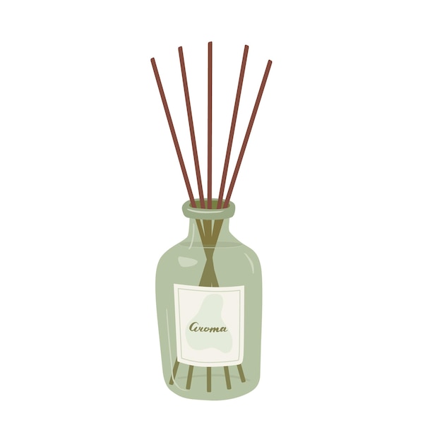 Flacone diffusore con bastoncini aromatici isolati su sfondo bianco Illustrazione vettoriale del disegno a mano dell'aromaterapia Fragranza rilassante per la casa accogliente