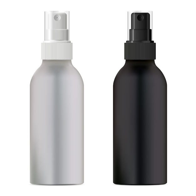 Flacone spray cosmetico. Confezione in bianco e nero.