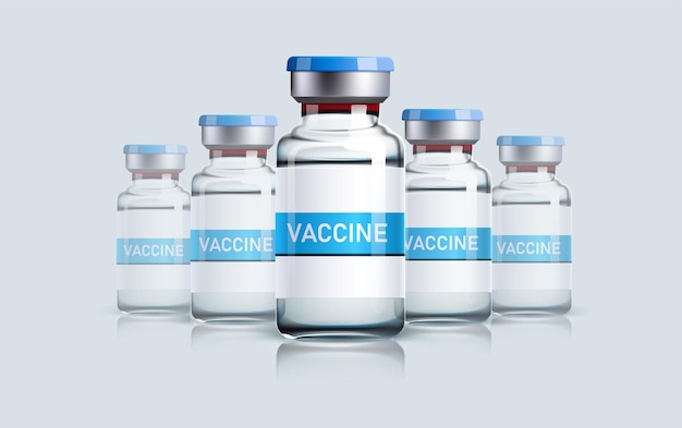 flaconi di fiale di vaccino realistici per iniezioni intramuscolari isolate su uno sfondo grigio