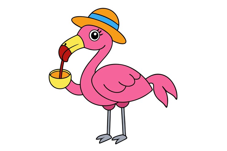 Vettore flamingo al tramonto flamingo con cappello solare e illustrazione vettoriale di cocktail per grafica stampabile