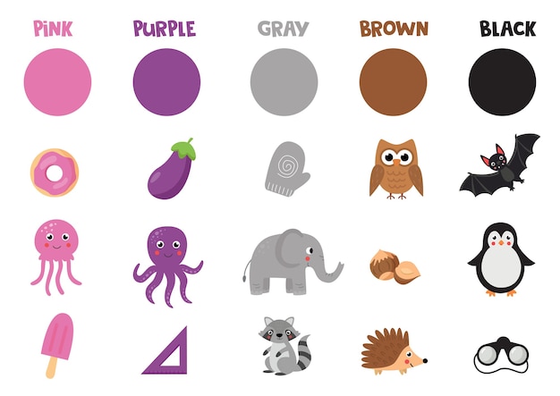 Flashcard con oggetti primari. Insieme di oggetti colorati e animali.