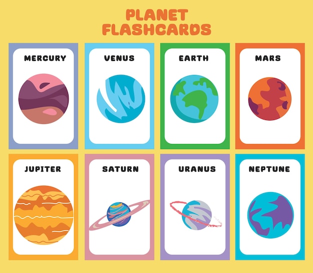 Flashcard sui pianeti del sistema solare per bambini che imparano a conoscere i pianeti del sistema solare e lo spazio