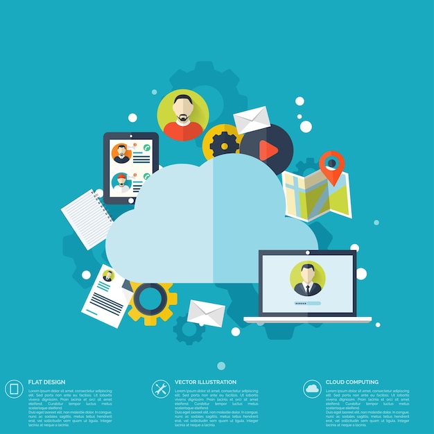Flat cloud computing background tecnologia di rete di archiviazione di dati contenuti multimediali e siti web