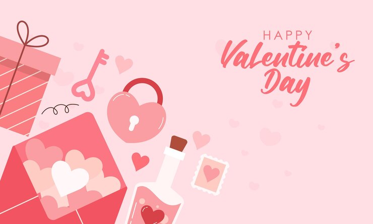 Flat Hand Drawn Cute Lovely Valentine's Day Background Flat Lay Concept con elementi di San Valentino