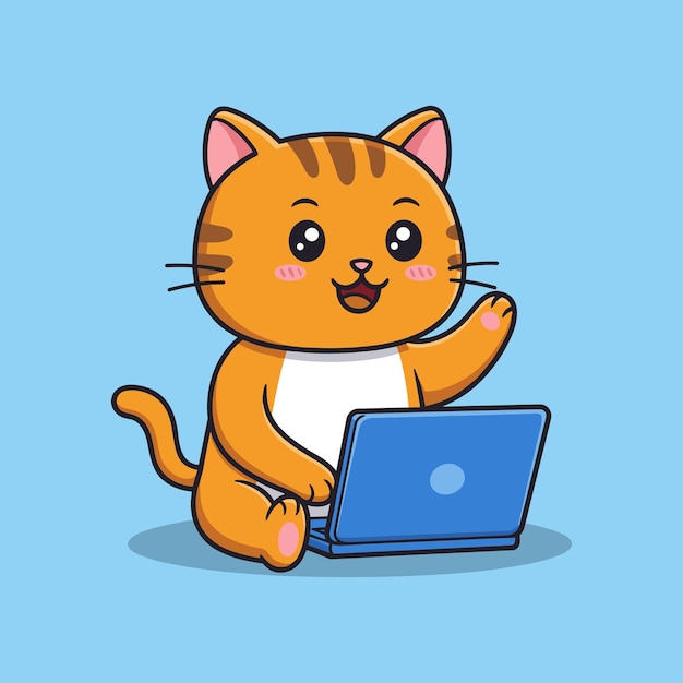 Flat Style Cute Cat che lavora sul portatile Cartoon Vector Icon Illustration