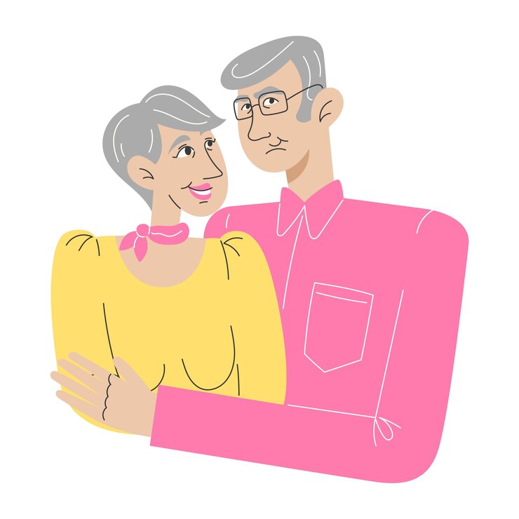 Vettore flat style illustration of elderly couple hugging and looking at each other with love