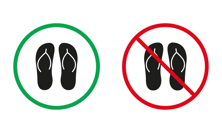 Vettore flip flop summer slipper segni di avvertimento rossi e verdi sandale da spiaggia silhouette set di icone