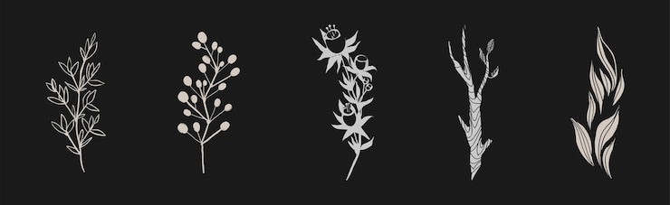 Vettore flora in fiore con silhouette di fiori su sfondo nero insieme vettoriale