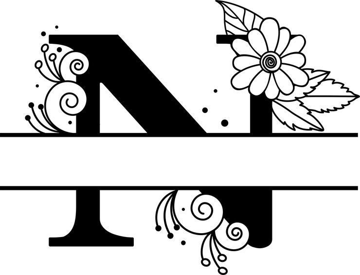 Vettore floral flourish split letter n monogramma alfabeto nero e bianco logo design famiglia canta