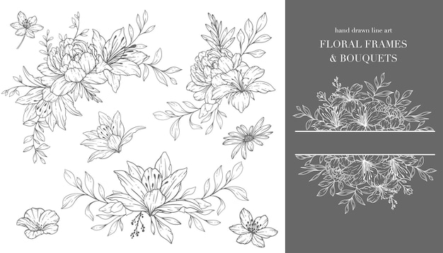 Floral Line Art Fiori selvatici Contorno fiorito Disegnato a mano Contorno fiori selvatici isolati