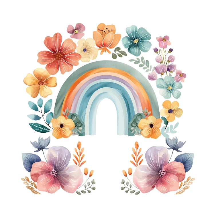 Vettore floral rainbow vector clipart bellissimo arcobaleno con foglie di fiori