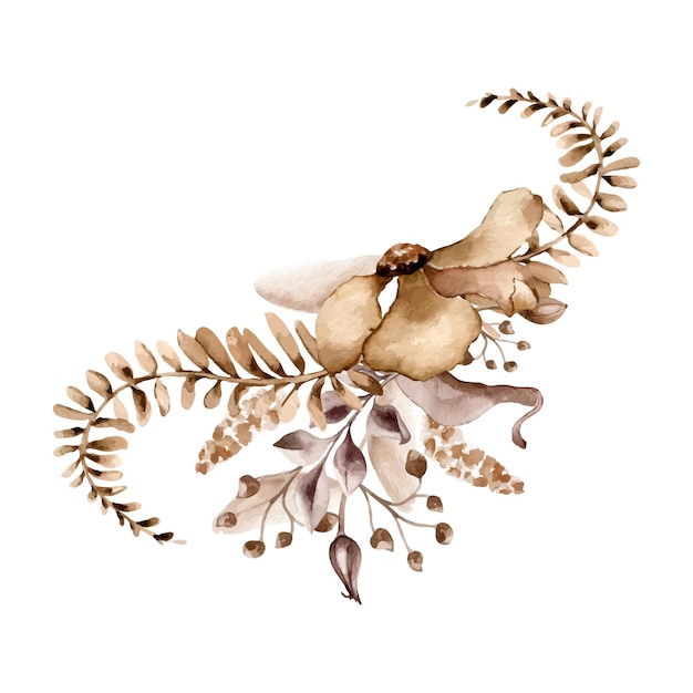 Flore su foglia di palma disposizione monocromatica in acquerello colore marrone piante astratte in colore sienna isolate rami di fantasia disegnati a mano Disegno di branding inviti prodotti stampati matrimonio