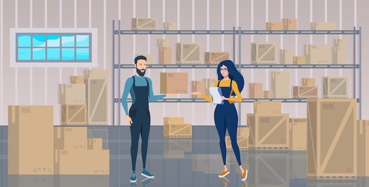 Vettore flusso di lavoro in un grande magazzino per la consegna delle merci illustrazione vettoriale dei cartoni animati