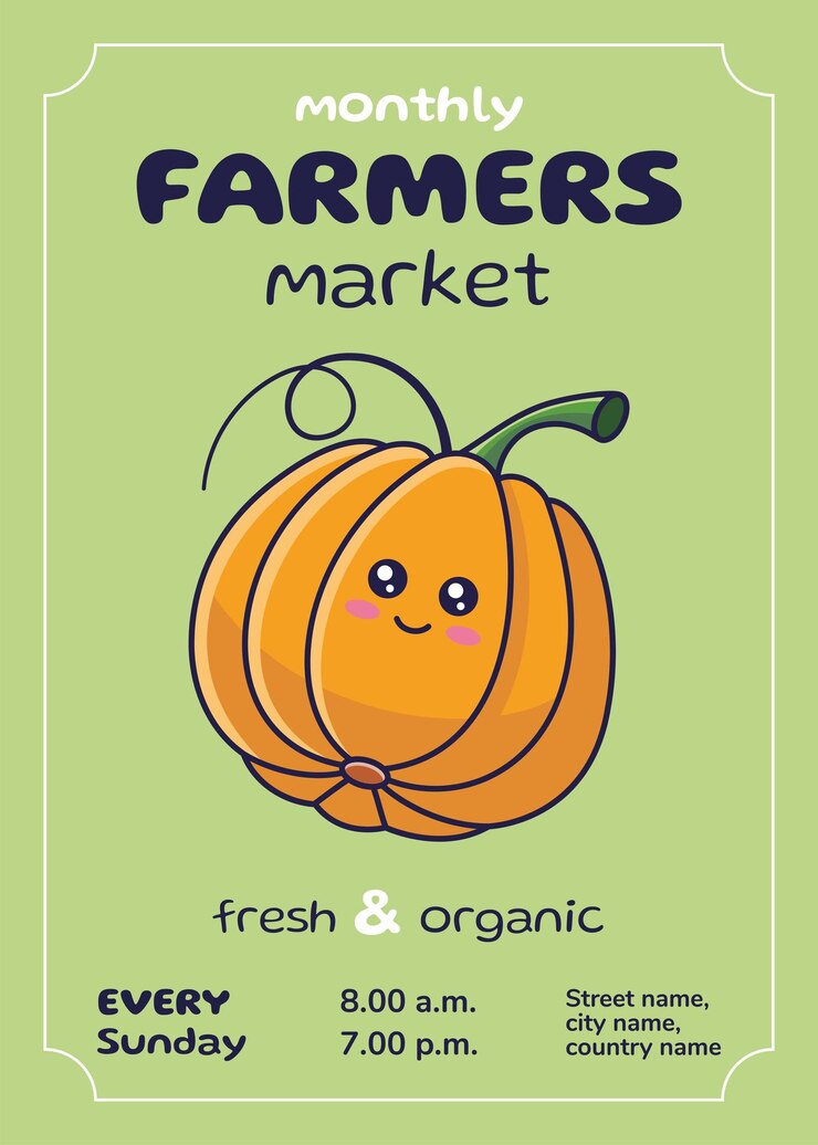 Vettore flyer del mercato degli agricoltori con disegno kawaii pumpkin flat poster pubblicitario banner volantino concetto del mercato agricolo