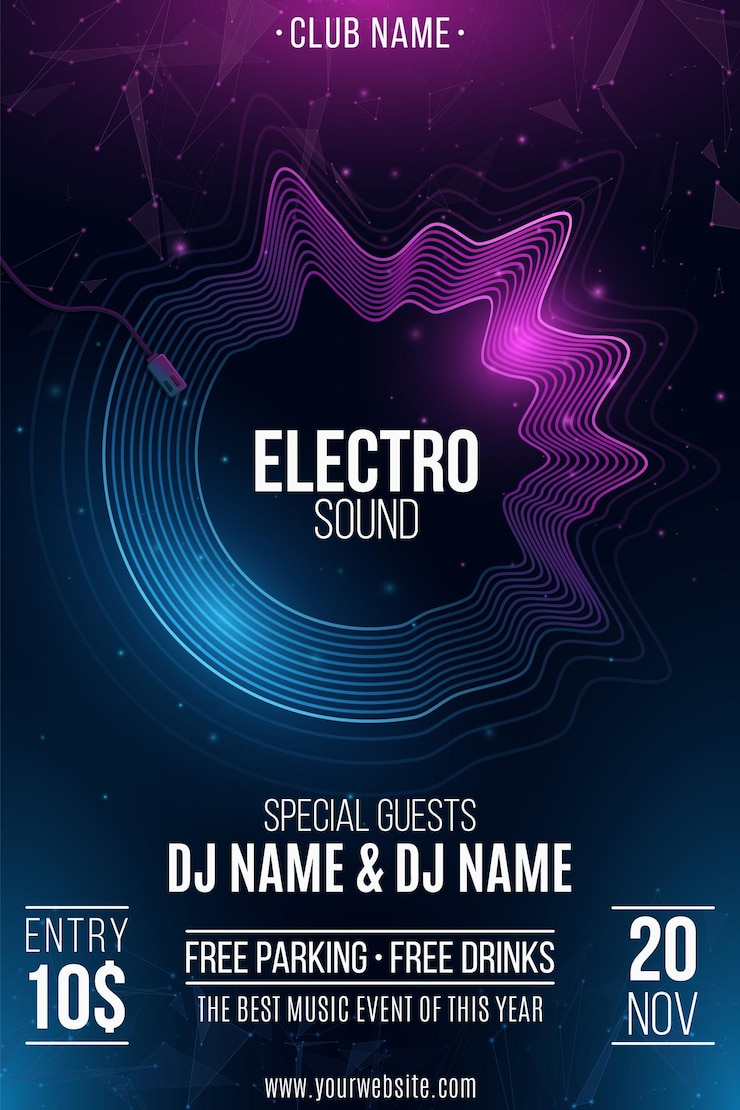 Vettore flyer per una festa elettronica gramophone record di linee ondulate vibranti luminose suono elettronico club e nome dj illustrazione vettoriale eps 10