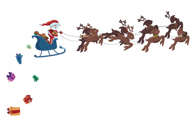 Flying Santa in una slitta con cervi. Illustrazione di Natale di Babbo Natale.