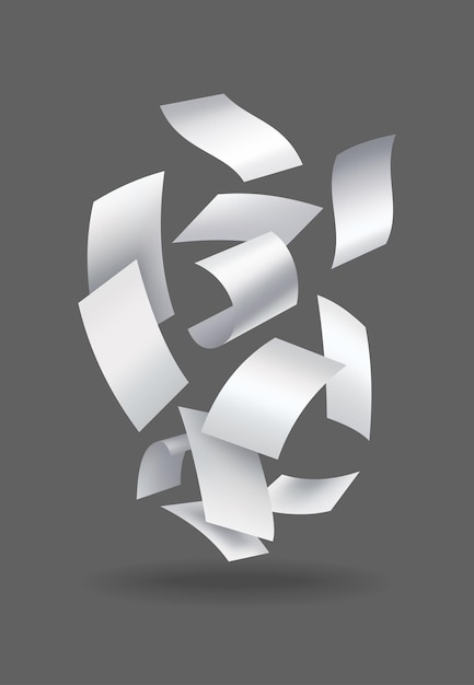 Fogli di carta che cadono realistici. Set di foglie di carta curve volanti. Vettore sciolto salire di note con bordi arricciati. Vola note sparse, scartoffie caotiche vuote.