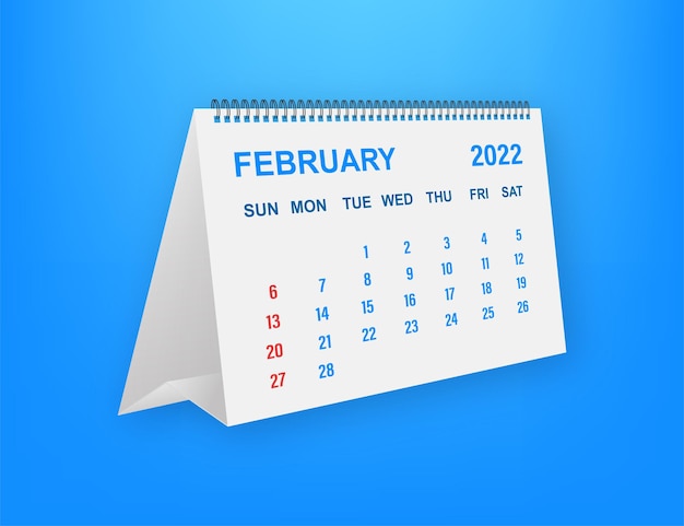 Foglia del calendario di febbraio 2022. Calendario 2022 in stile piatto. Illustrazione vettoriale.