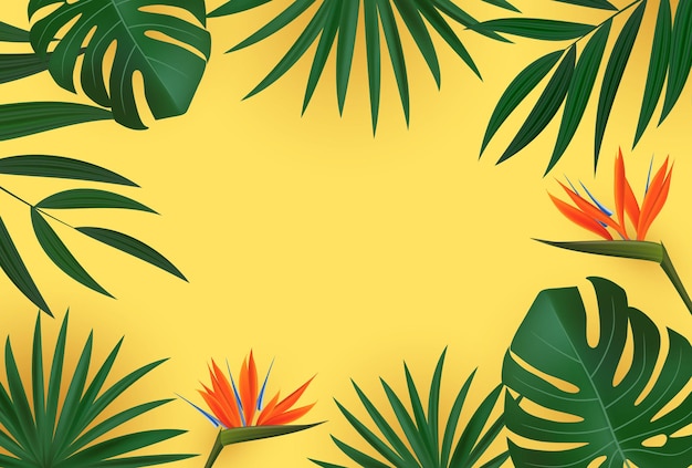 Foglia di palma verde realistico naturale con priorità bassa tropicale del fiore di strelitzia.